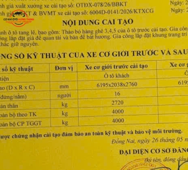 nghiệm thu và đăng kiểm ra đăng kiểm xe tang lễ 16 chỗ và giấy cải tạo