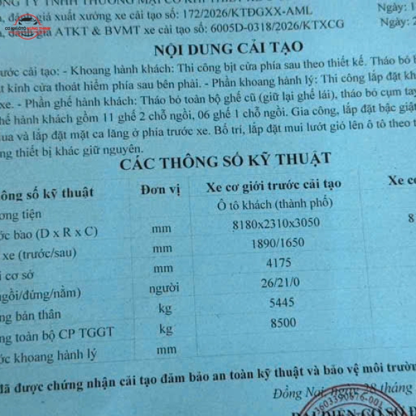 Nghiệm thu và đăng kiểm ra đăng kiểm xe khách 29 chỗ và giấy cải tạo